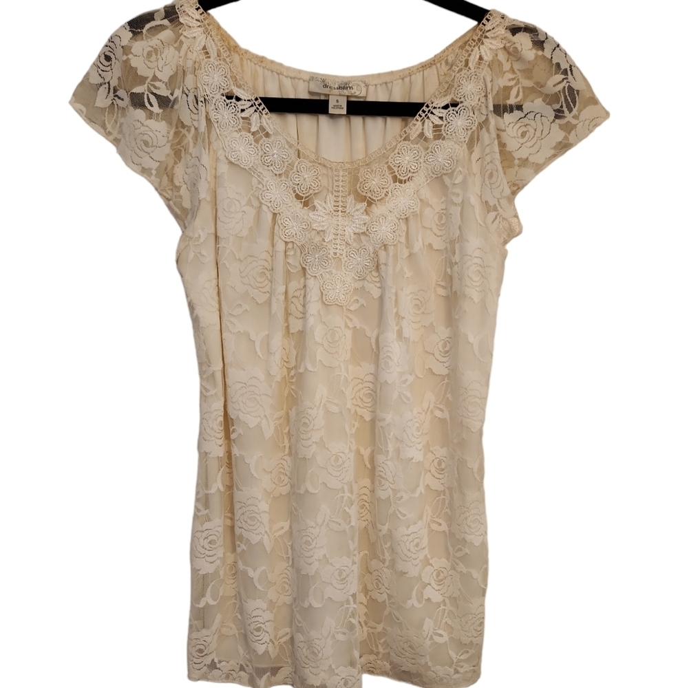 DressBarn Ivory Cottagecore Sheer Floral Overlay Lace FlutterSleeve Y2KTop SizeS